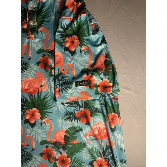 Yatta Golf Polo Shirt Mens Large Blue Pink Flamingo Floral Palm Print Hawaiian - Picture 5 of 5
